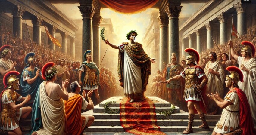 wide-format painting depicting Julius Caesar's rise to power, surrounded by the Praetorian Guard and the cheering Roman citizens. The scene reflects the grandeur of the Roman era, with Caesar at the center, symbolizing his authority and influence.