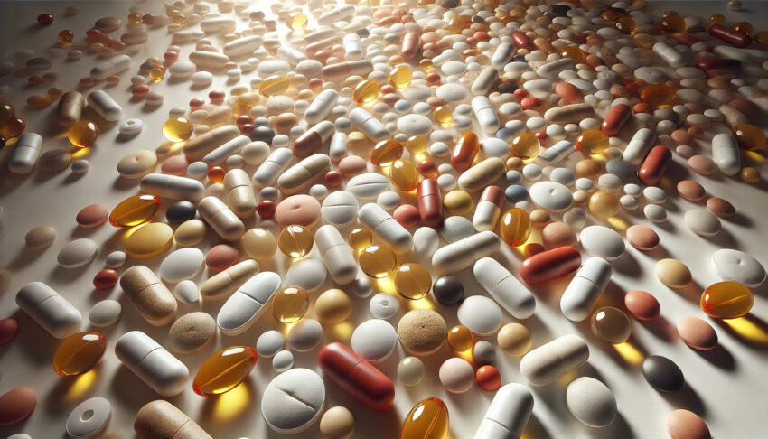 wide-format image of a diverse pile of vitamins scattered across a white surface, showcasing various shapes, sizes, colors, and textures.