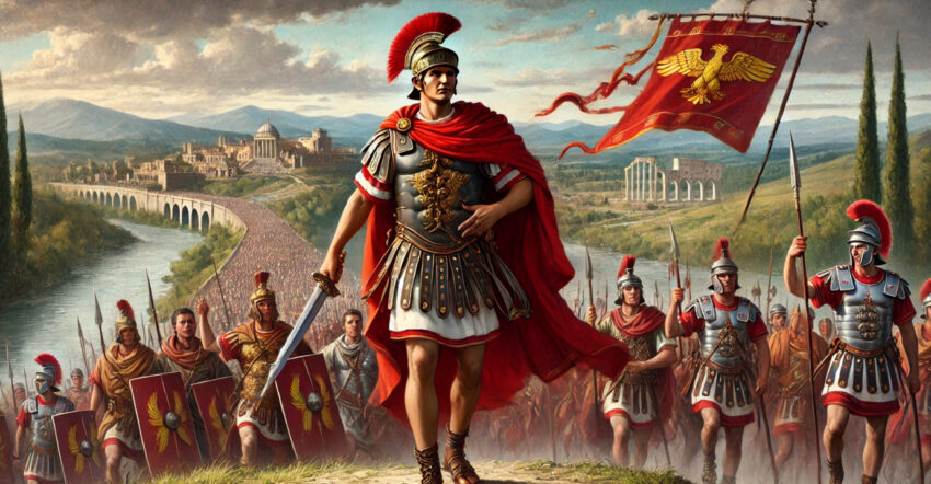 artwork depicting Caesar crossing the Rubicon and marching on Rome. The image captures Caesar's determination as he leads his legion across the river, with banners waving and the distant city of Rome in sight, its gates open in fearful anticipation of his arrival.