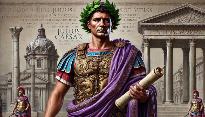 This image captures Julius Caesar standing confidently in traditional Roman attire. He is adorned with a laurel wreath on his head, symbolizing victory, while his richly colored toga with purple accents highlights his high status. Caesar's expression is both stern and thoughtful, reflecting his leadership and authority.