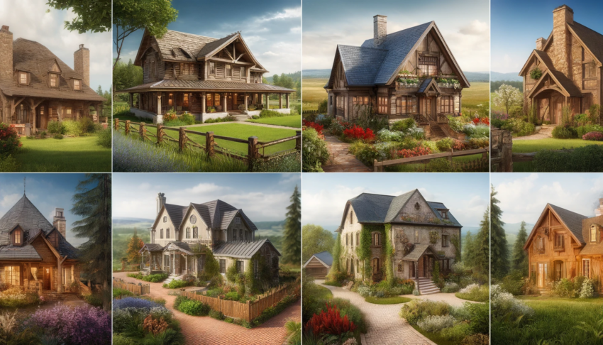 A wide-format image showcasing various rustic and country home styles in serene countryside settings, highlighting traditional and picturesque architectural designs.