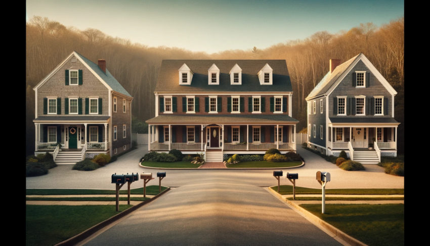 Classic New England homes featuring two Cape Cod style houses and one Colonial house on a quiet street.