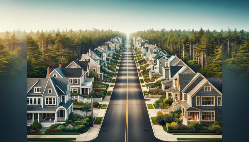 A picturesque suburban street lined with Colonial, Cape Cod, and Victorian homes, surrounded by lush trees.