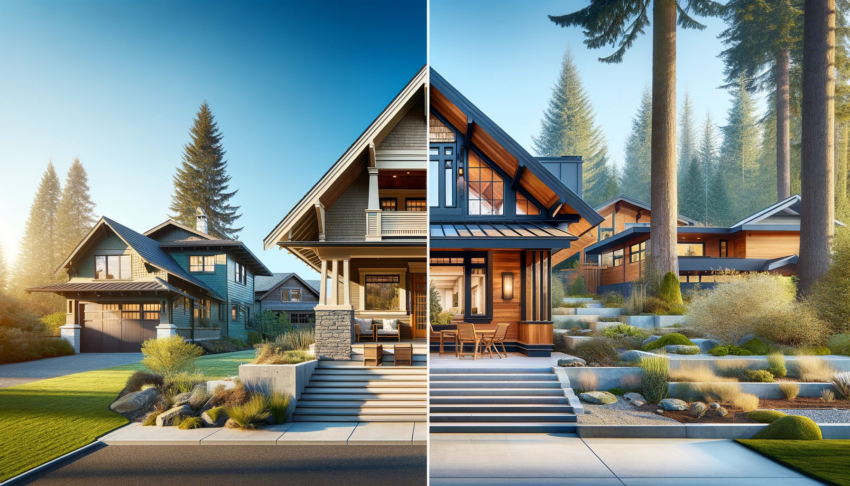 A split image showcasing a Craftsman home on the left and a Contemporary home on the right, highlighting the distinct architectural features of each style.