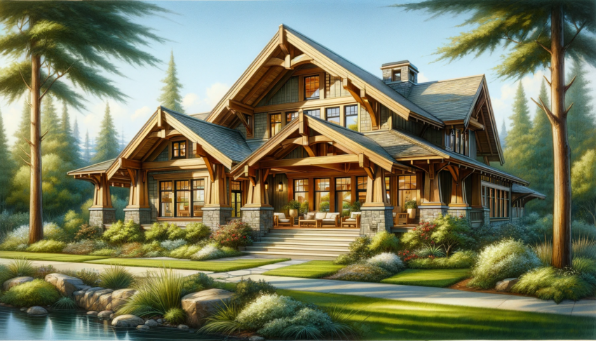 A detailed image of a West Coast Craftsman style home featuring a low-pitched roof, timber framing, and stone columns, surrounded by a lush landscape.