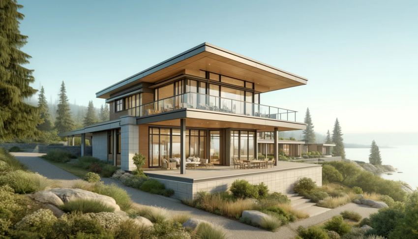 A detailed image of a modern West Coast home featuring a minimalist design, expansive windows, and an open floor plan, set against a coastal backdrop.