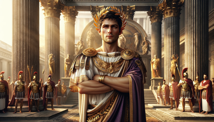 Portrait of Ancus Marcius in full Roman attire, surrounded by Roman soldiers and classical architecture.