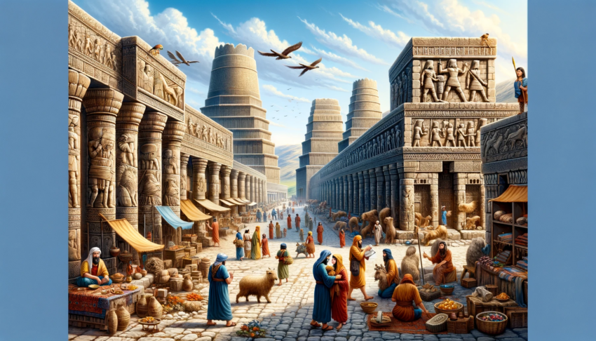 Vibrant market scene in ancient Assyria, with bustling trade, Assyrian architecture, and people engaging in daily activities.