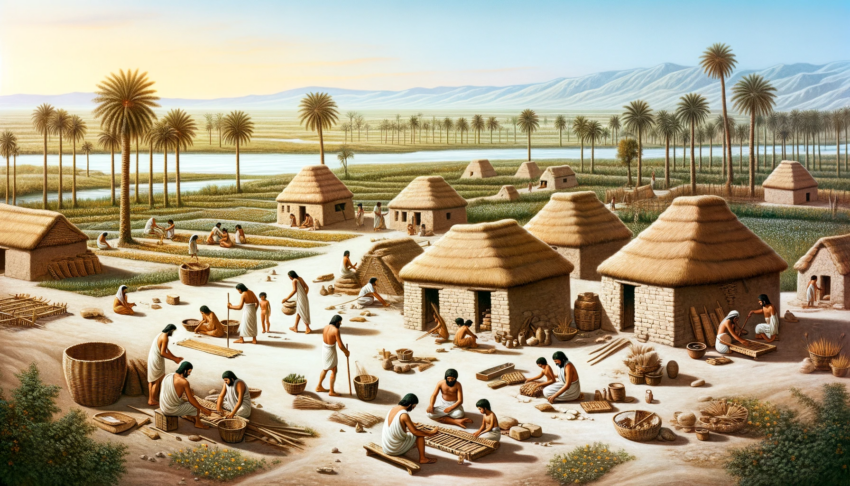 A depiction of an early human settlement with thatched-roof huts, people engaging in various daily activities, and lush agricultural fields in the background.