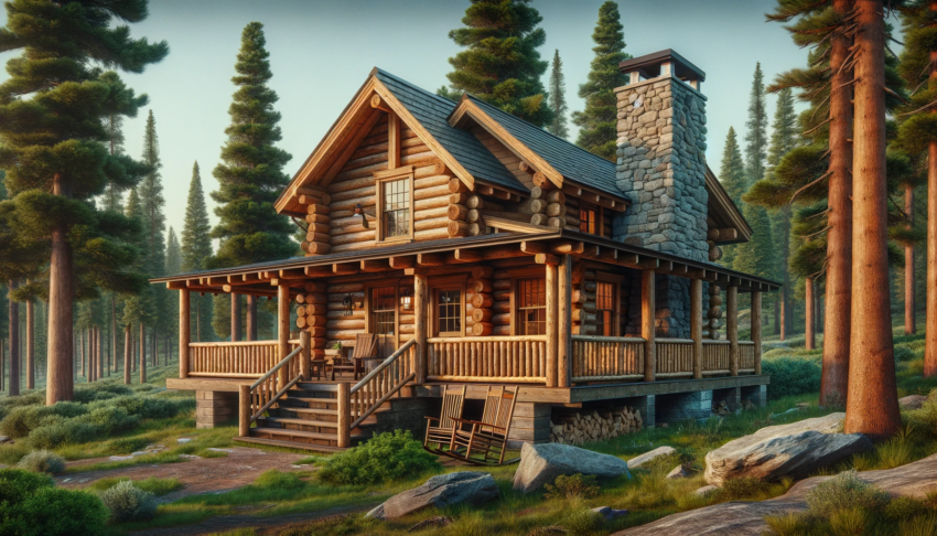 Typical log cabin in a serene woodland setting, featuring rustic architecture and a stone chimney.