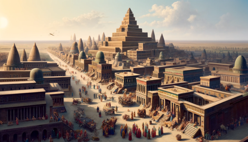 A bustling ancient Assyrian city with grand ziggurats, domed buildings, and crowded streets under a clear sky.