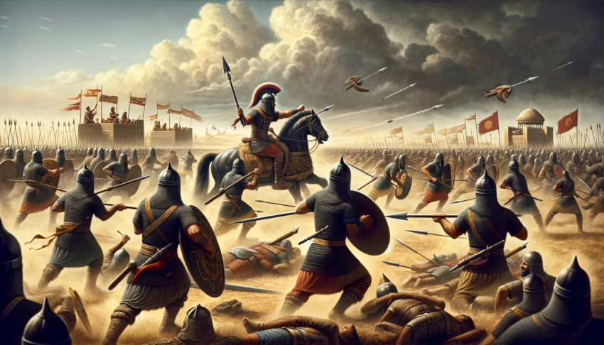 Depiction of the Assyrian Wars, showing armored soldiers in battle, led by a mounted warrior, with fortifications and banners in the background.