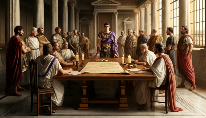 Dramatic scene of Ancus Marcius in a Roman Senate meeting, surrounded by Roman leaders and senators.