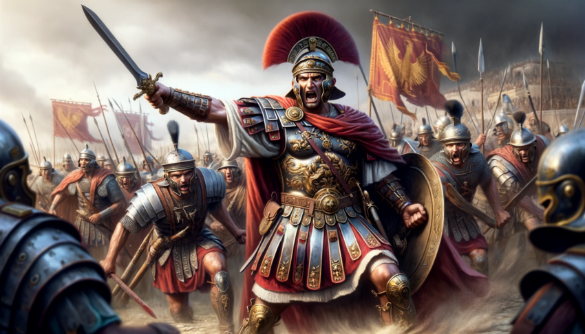 Epic scene of Ancus Marcius leading Roman soldiers in battle, surrounded by Roman soldiers and battle flags.