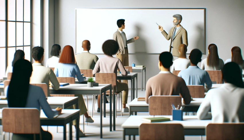 A modern classroom with diverse students seated at desks, facing a teacher and a whiteboard, showcasing an interactive learning environment.