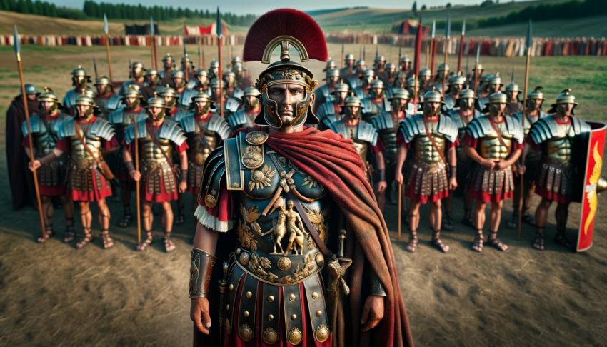 Portrait of Augustus Caesar, the first emperor of Rome, standing in front of Roman soldiers, showcasing his regal attire and the might of the Roman legions.