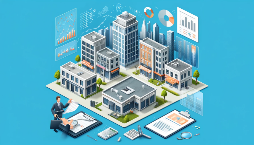 An illustration showing various buildings in a commercial district with charts, graphs, and appraisal documents, representing the process of commercial real estate appraisal.