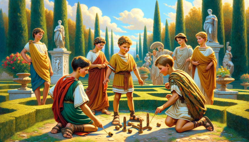 Depiction of a young Augustus Caesar playing a traditional game with other Roman children in a lush garden, surrounded by statues and greenery, reflecting daily life in ancient Rome.