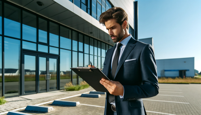 A commercial real estate appraiser in a suit conducting an on-site property assessment with a clipboard in hand, standing outside a modern commercial building.