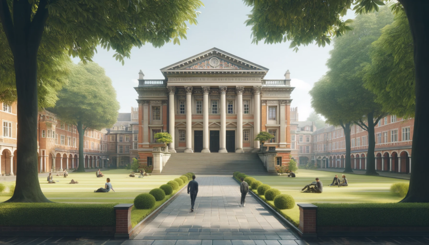 A traditional university campus with grand classical architecture, featuring a historical building, courtyard, and students enjoying the outdoor space.