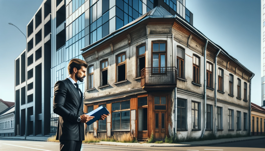 A real estate professional evaluating a historic building with modern commercial buildings in the background, representing the contrast between historic preservation and modern development.