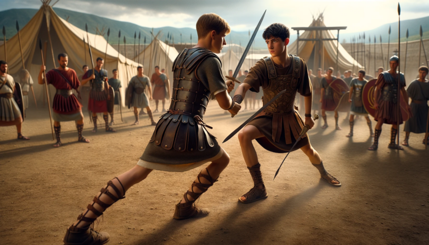 Depiction of a young Augustus Caesar engaged in combat training with another youth, surrounded by Roman soldiers, showcasing the early military preparation of the future emperor.