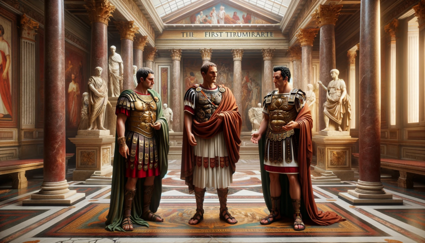 Julius Caesar, Pompey, and Crassus standing together in a grand Roman hall, symbolizing the First Triumvirate of Rome.