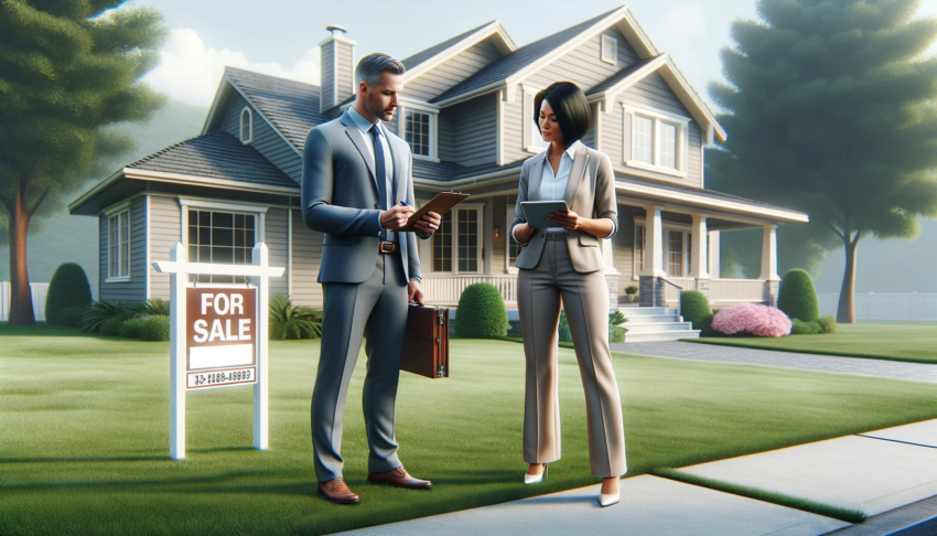 Two professional appraisers standing outside a house with a "For Sale" sign, conducting a real estate appraisal.