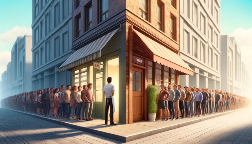 Two long lines of people standing outside two adjacent commercial buildings, illustrating the demand and competition in the commercial real estate market.