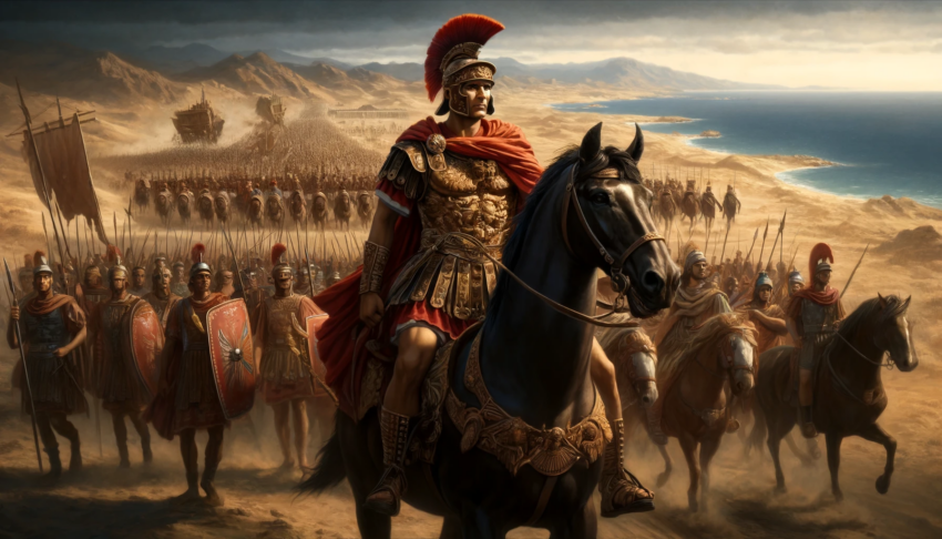 Julius Caesar leading his Roman legions on horseback, with a vast army marching behind him across a coastal desert landscape.