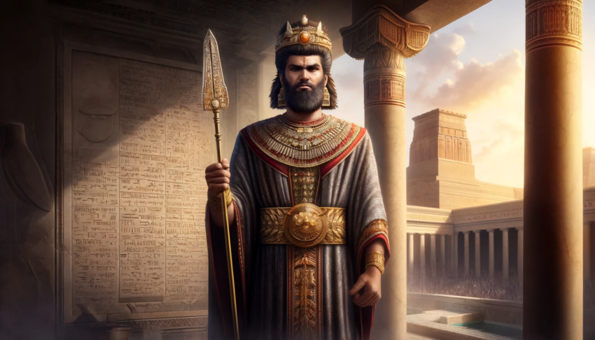 Portrait of Adad-nirari II of Assyria, showcasing the king in regal attire with ornate decorations, holding a ceremonial staff, and standing against the backdrop of Assyrian architecture and inscriptions.