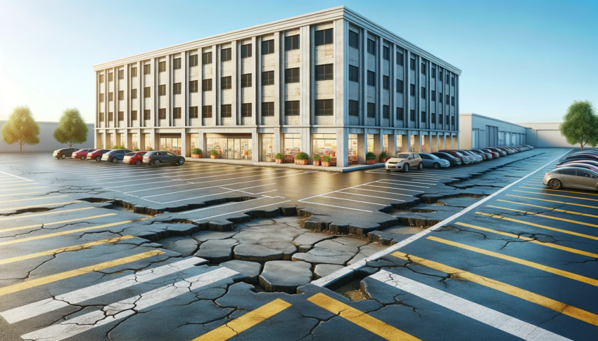 A commercial building with a damaged parking lot showing severe cracks and subsidence, highlighting the importance of property condition in commercial appraisals.