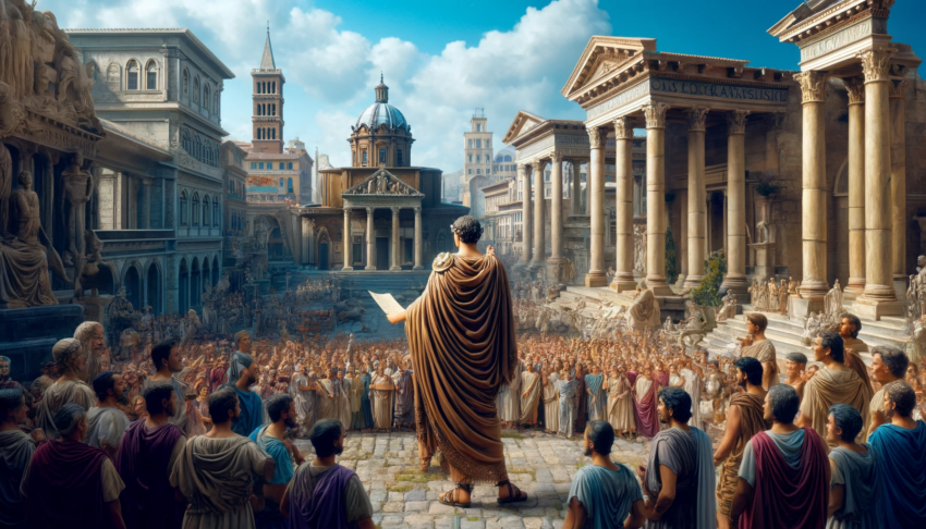 A bustling Roman Forum with Julius Caesar addressing a large crowd, surrounded by grand architectural structures and statues.