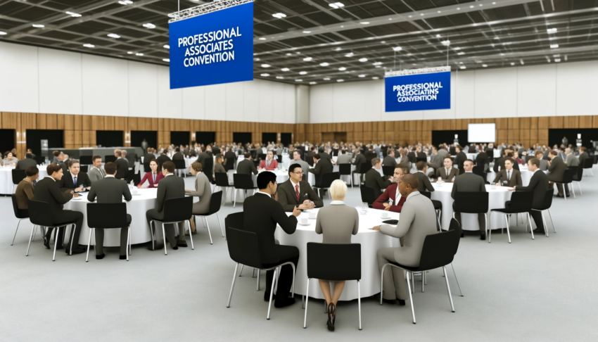 Professional associates convention with industry professionals seated at round tables in a large convention center, engaging in discussions and networking.