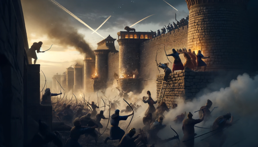 Depiction of a seventh century BC siege, showing archers and soldiers in battle, with fortified walls and burning structures in the background.