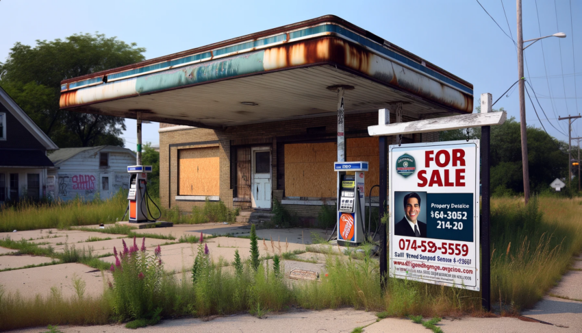 An abandoned gas station with overgrown weeds, boarded-up windows, and a "For Sale" sign in the foreground.