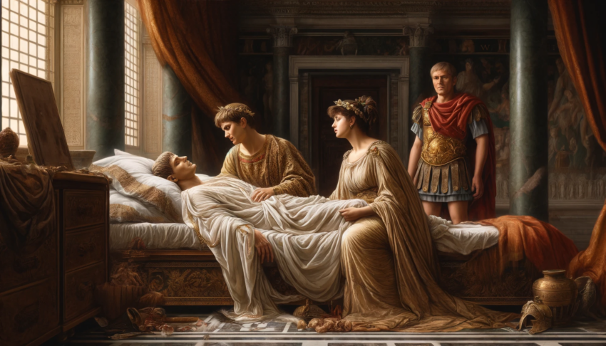 Depiction of the death of Augustus Caesar, surrounded by mourners in a richly decorated Roman room.