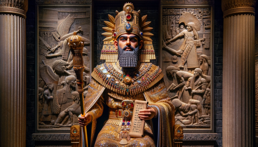 A regal depiction of Sargon II of Assyria, adorned with a jeweled crown and elaborate robes, seated on a throne with intricate carvings in the background.