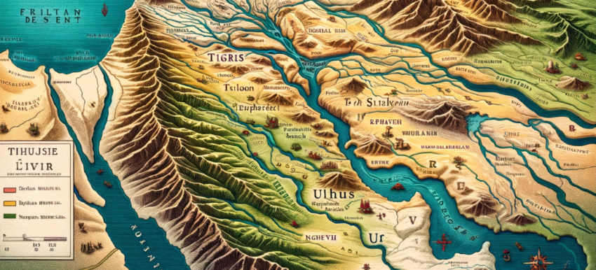 topographical map of ancient Mesopotamia, featuring key geographical features such as the Tigris and Euphrates rivers, the Zagros Mountains, and the Syrian Desert. Major cities like Babylon, Ur, Uruk, and Nineveh are labeled