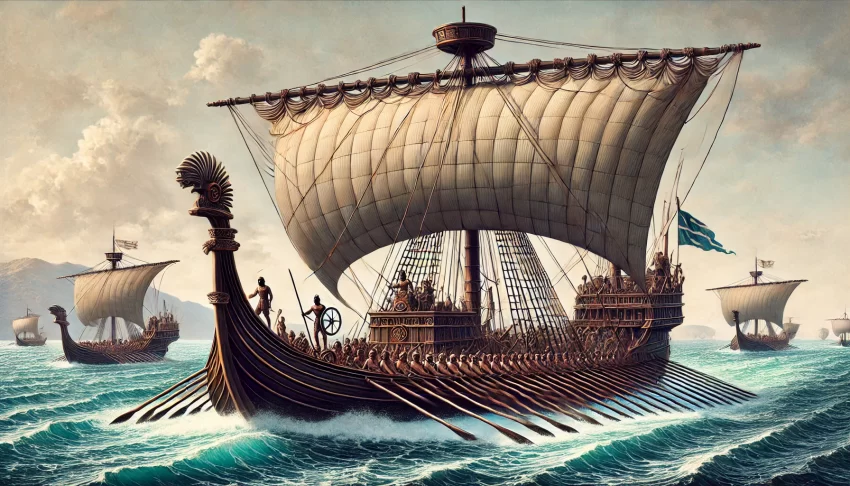 Here is a detailed and historically accurate depiction of an ancient Carthaginian trireme in wide format, showcasing its three tiers of oars, bronze-sheathed ram, and simple square sails. The trireme is shown cutting through the water, with the open sea and a distant coastline in the background, highlighting its speed and agility.