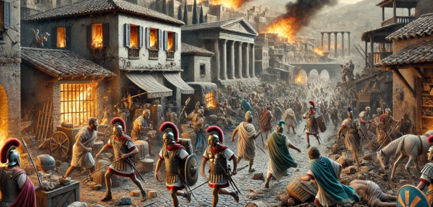 A detailed, realistic depiction of Roman soldiers celebrating after the end of the Third Punic War. Roman soldiers in distinctive armor raise their weapons and shields in triumph. Some soldiers embrace each other, while others cheer and shout. The background shows a Roman camp with tents and banners, and the remnants of Carthage in the distance. The overall atmosphere is jubilant and victorious, capturing the joy and relief of the Roman soldiers after their hard-fought victory.