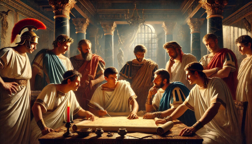 A group of Roman conspirators dressed in togas, planning the assassination of Julius Caesar around a table with maps and scrolls, in a dimly lit room with marble columns and ornate furniture.