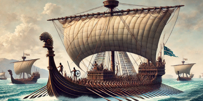 Here is a detailed and historically accurate depiction of an ancient Carthaginian trireme in wide format, showcasing its three tiers of oars, bronze-sheathed ram, and simple square sails. The trireme is shown cutting through the water, with the open sea and a distant coastline in the background, highlighting its speed and agility.