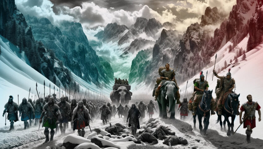 Hannibal crossing the Alps with his army and war elephants during the Second Punic War.