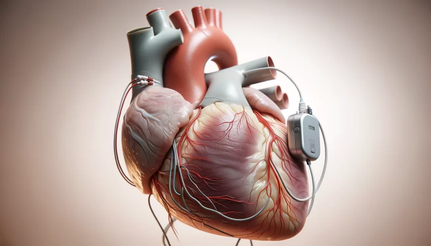 Realistic image of a human heart with a pacemaker attached, showing detailed structures like ventricles and atria, with a modern pacemaker connected by leads to the heart's chambers.