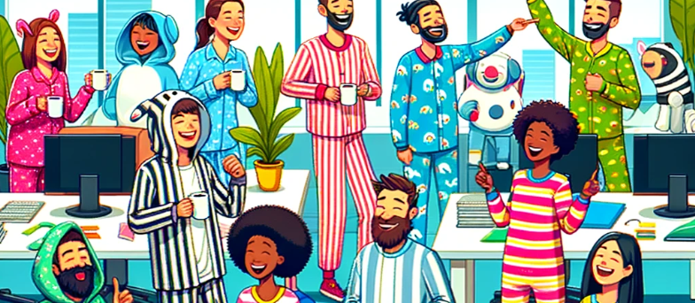 Diverse employees enjoying National Wear Your Pajamas to Work Day in a colorful office setting, showcasing a variety of pajama styles
