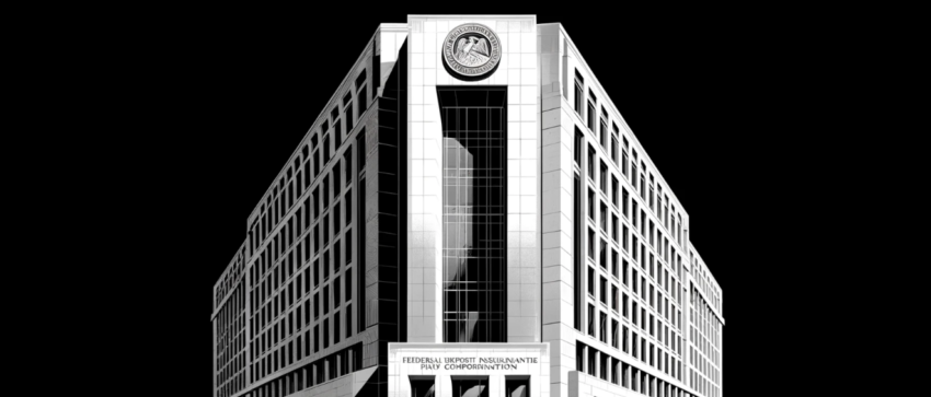 black and white drawing of the FDIC headquarters, showcasing its architectural details and modernist design.