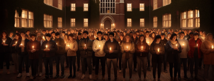image of a nighttime vigil on a college campus.