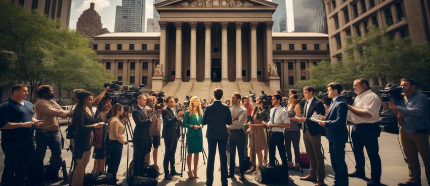 image of reporters standing outside a New York courthouse.
