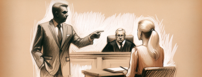 courtroom sketch you requested, depicting a dramatic scene with a blonde woman on the witness stand, a judge, and an attorney pointing at her.